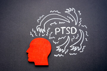 PTSD concept. Figurine of a head on a dark surface.