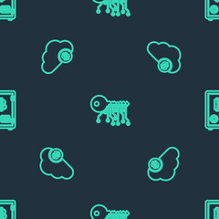 Set line Cryptocurrency key, cloud mining and Proof of stake on seamless pattern. Vector