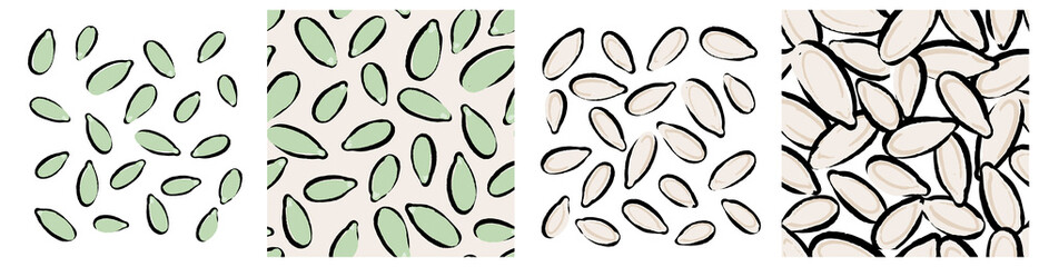 Pumpkin green and white seeds clipart and background. Healthy snack, food, salad ingredient seamless pattern for product packaging print. Hand drawn repeat vector design in abstract trendy style.