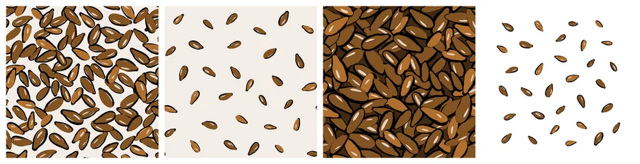Fotobehang Flax seed clipart and background. Linseed, source of omega-3 healthy food, salad ingredient seamless pattern for product packaging print. Hand drawn repeat vector design in abstract trendy style. © Letters Patterns etc