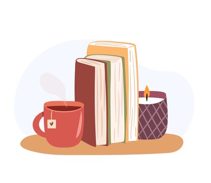 Stack of books and tea composition. Cozy scene