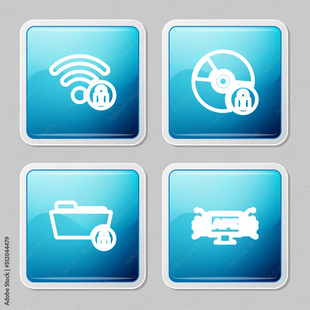 Poster set line wifi locked, cd or dvd disk with, folder and and computer api interface icon. vector