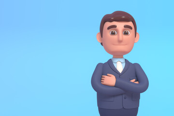 Confident young businessman standing with arms crossed. Modern 3d illustration