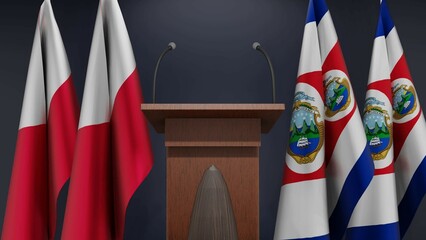 Flags of Poland and Costa Rica at international meeting or negotiations press conference. Podium speaker tribune with flags and coat arms. 3d rendering
