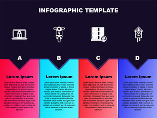 Set line Laptop and lock, Electric scooter, Server security with and Retro wall watch. Business infographic template. Vector