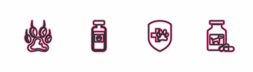 Set line Paw print, Animal health insurance, Pets vial medical and Dog medicine bottle and pills icon. Vector