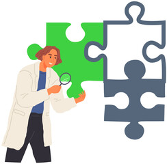 Scientist makes new decision in science. Idea of education, scientific developent. Woman in lab coat conducting experiment, research. Researcher with loupe analyses puzzle pieces, search for solution