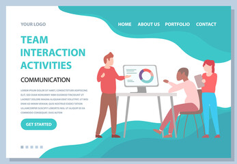 Team interaction activity concept. Colleagues discussing presentation of statistics. People brainstorming and teambuilding at business meeting. Website or webpage template, landing page flat style
