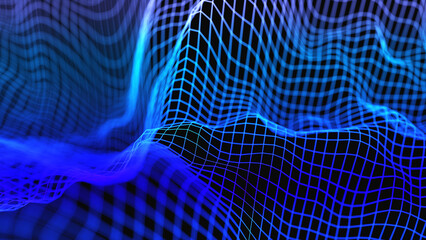 Ridge part of three dimensional data. Blue glowing grid with peaks and dips. Shallow depth of field. 3d illustration, 3D render.
