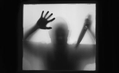 Man killer with a knife in his hand. Creepy background