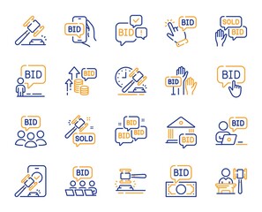 Auction line icons. Deal hammer, bid offer and law justice act set. Judge gawel, vote hand and bid price line icons. Win a lot, online auction and act hammer. Stock exchange deal. Vector