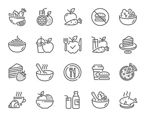 Meal line icons. Vegatable dish, poke bowl food and healthy salad set. Pizza, pasta spaghetti bowl and burger line icons. Breakfast meal, vegetable salad and fish. Apple and carrot fresh juice. Vector