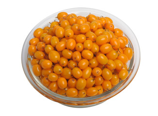 Sea buckthorn berries in a plate, isolated on a white background