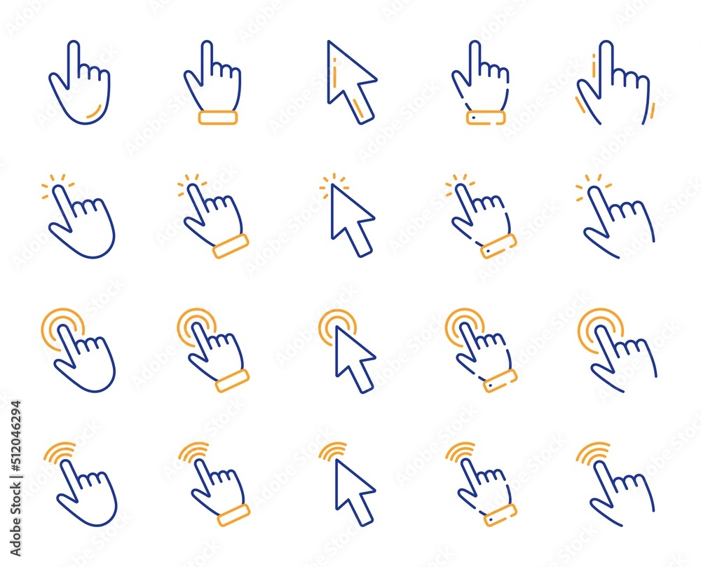 Poster click pointer line icons. mouse cursor, hand finger and press here set. computer arrow, interface to