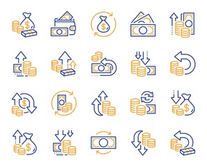 Money line icons. Finance, revenue reduction and financial benefit set. Economy, money savings and increase profit line icons. Cash back, wallet and return finance. Inflation rising. Vector - obrazy, fototapety, plakaty