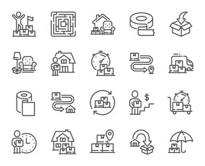 Moving service line icons. Furniture move, rent space and adhesive tape set. Package delivery, relocation service and carrying man line icons. Move parcel, delivery truck and maze labyrinth. Vector