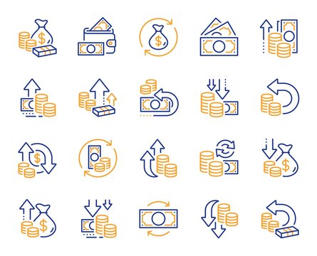 Money line icons. Finance, revenue reduction and financial benefit set. Economy, money savings and increase profit line icons. Cash back, wallet and return finance. Inflation rising. Vector
