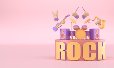 Fototapeta na wymiar Musical Instruments with 3D Rock Text. 3D render