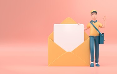 Postman with Open 3D Envelope. 3D render