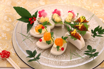 かまぼこカナッペ　かまぼこアレンジ　おせち料理