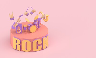Musical Instruments with 3D Rock Text. 3D render