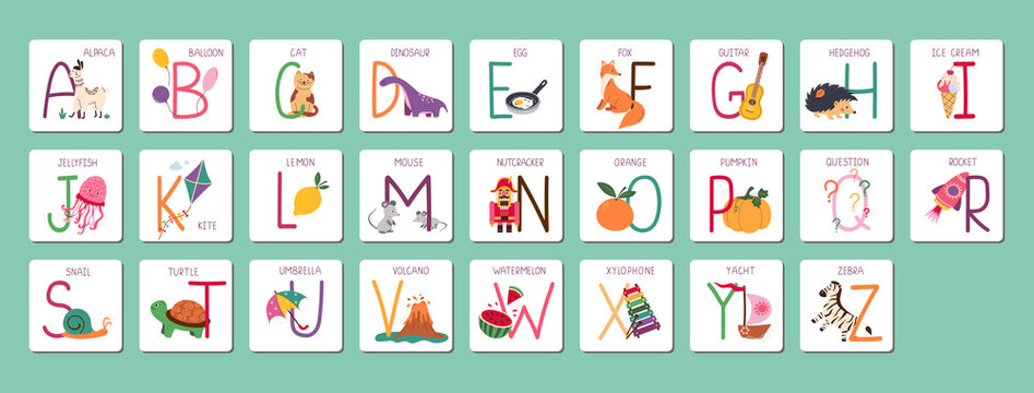 Kids ABC cards. Letter study set, english alphabet with food, animals and fairy tale characters cartoon illustrations vector collection.