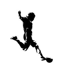 Soccer player kicking ball, abstract isolated vector silhouette, ink drawing. Footballer logo, side view