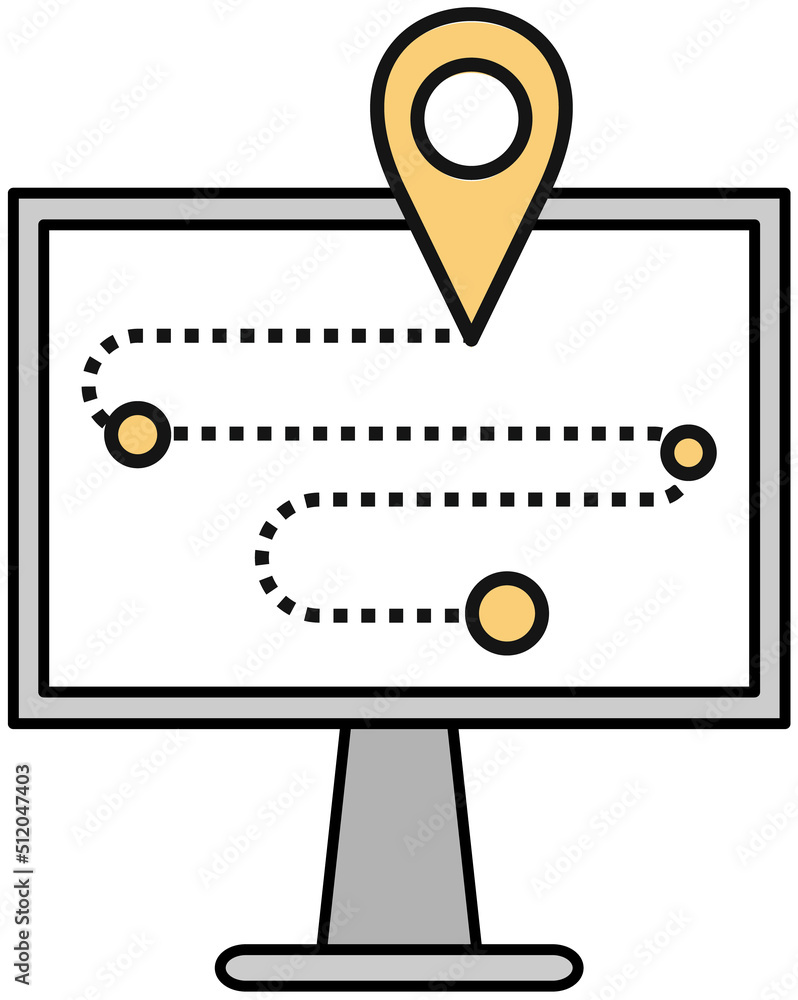 Poster Computer program for navigation. Flat scheme of terrain with marks, digital circuit of locality on monitor. White map on screen. Route of movement from point to destination, geographic location icon