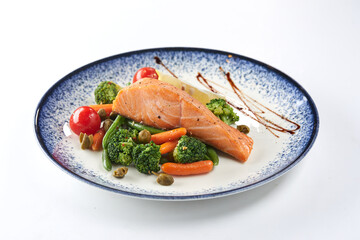 salmon steak with roasted vegetables