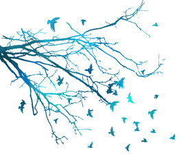 Realistic blue illustration with silhouettes of three birds - crows or ravens sitting on tree branch without leaves and flying, isolated on white background - vector