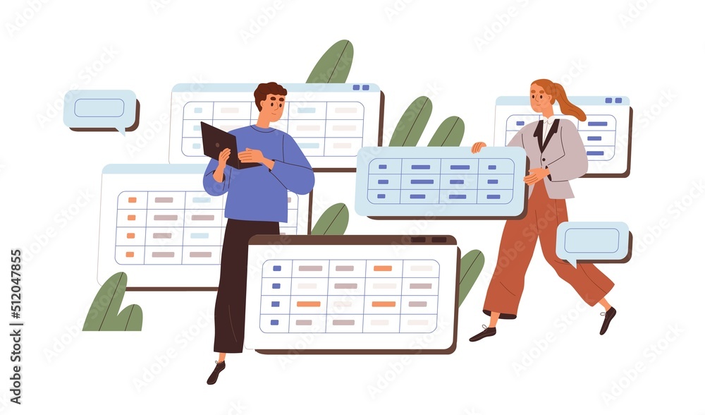 Aufkleber Database development, administration concept. Software engineers work with big data. Coders developing system with spreadsheets, tables. Flat graphic vector illustration isolated on white background