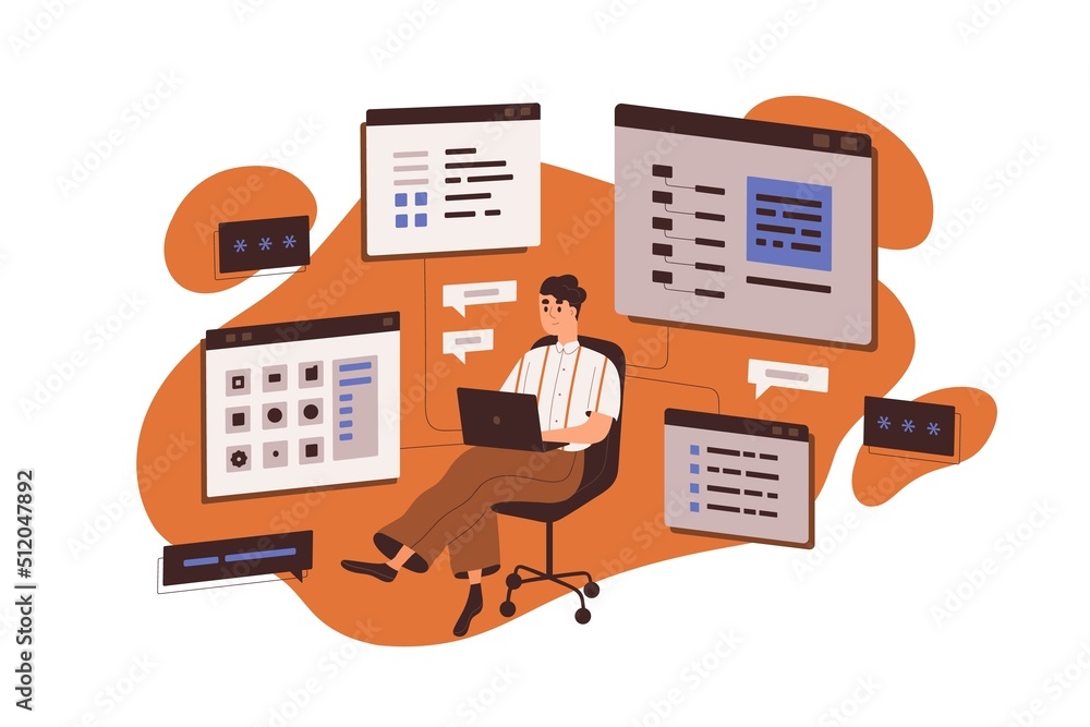 Fototapete CMS management and development, web-site content administration concept. Administrator working with data base, information technology systems. Flat vector illustration isolated on white background