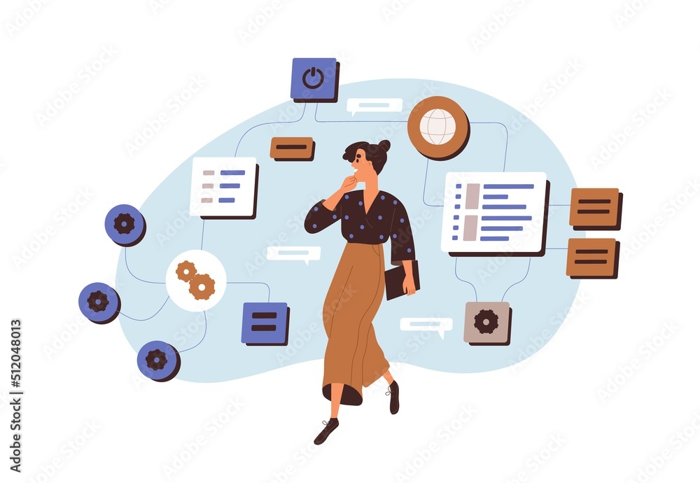 Aufkleber CMS, software architecture concept. Administration of content management system, network structure, optimization of online processes in business. Flat vector illustration isolated on white background