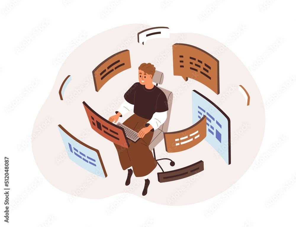 Aufkleber CMS development concept. Administration of content management system. Programmer developing, programming software. Online information flow. Flat vector illustration isolated on white background