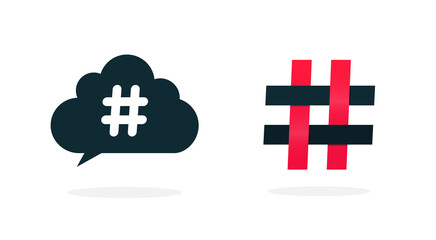 Obraz premium Hashtag icon vector or hash tag web cloud bubble black red media blog graphic illustration isolated on white image