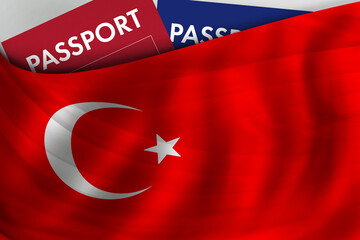 Turkish flag background and passport of Turkey. Citizenship, official legal immigration, visa, business and travel concept.