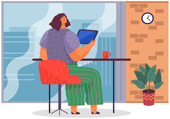 Workplace of woman with digital tablet. Office worker sitting at table with modern device, businesswoman and technology. Female employee sitting at desk and using gadget for work or studying