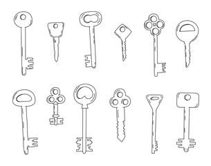 Set of doodle keys. Hand drawn sketch icon. Sign symbol. Vector illustration..