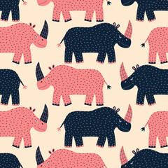 Colorful rhinoceros hand drawn vector illustration. Cute safari animals seamless pattern for children fabric or wallpaper.