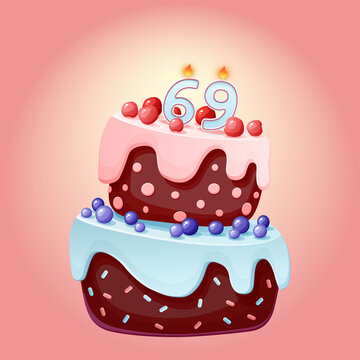 Sixty nine years birthday cake with candles number 69. Cute cartoon festive vector image. Chocolate biscuit with berries, cherries and blueberries. Happy Birthday illustration for parties