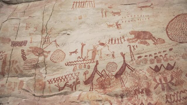 Details Of Serran&iacute;a La Lindosa Rock Art Paintings In The Colombian Amazon Rainforest. Close Up, Sideways