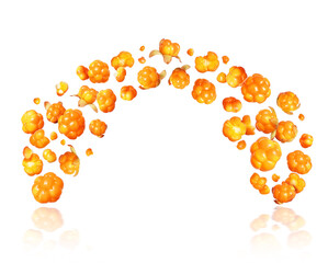 Ripe delicious cloudberries in the air isolated on a white background
