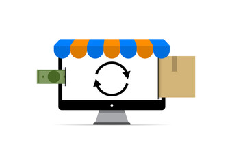 e-commerce concept,money into computer and parcel box leave computer. computer isolate on white background. money, parcel box, computer, shopping online, 