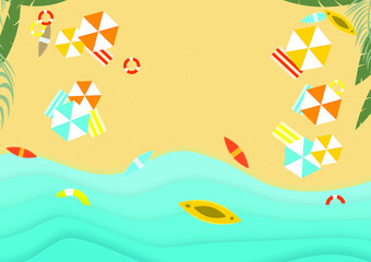 Fototapeta na wymiar beach summer background. summer concept. beach, sea, surboard, kayak, umbella, swim ring.
