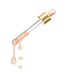 Close up 3d rendering Beige foundation or foundation on a cosmetic pipette. Drops of cream with shiny highlights, a product for protection and skin care. Moisturizing serum cosmetic package with
