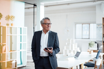 Smiling businessman holding tablet PC standing in office