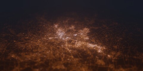 Naklejka premium Street lights map of Kharkiv (Ukraine) with tilt-shift effect, view from south. Imitation of macro shot with blurred background. 3d render, selective focus