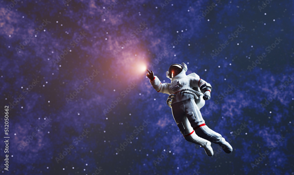 Poster astronaut spacewalk in space and touching orb of light.