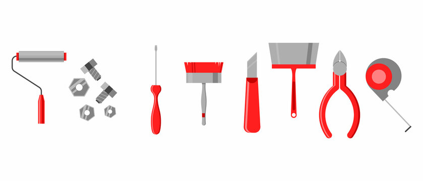Set of monochrome icons with the image of repair tools with red accents