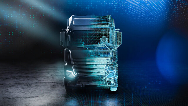 Futuristic truck scene with  wireframe intersection (3D Illustration)